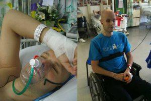 Two pictures of Mark in hospital after breaking his back. One is of Mark in bed in an oxygen mask with a drip; the second, thin but recovering, in his wheelchair wearing an Ironman t-shirt.